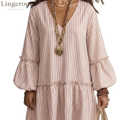 Striped V-Neck Ruffle Hem Mini Dress