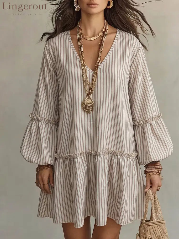 Striped V-Neck Ruffle Hem Mini Dress - Khaki / S