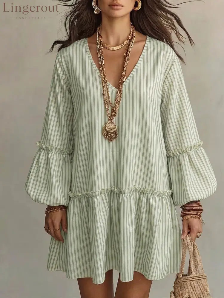 Striped V-Neck Ruffle Hem Mini Dress - Light green / S