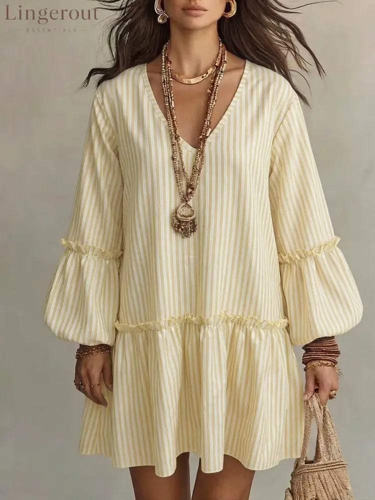 Striped V-Neck Ruffle Hem Mini Dress - Light yellow / S