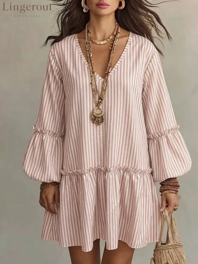 Striped V-Neck Ruffle Hem Mini Dress - Pink / S