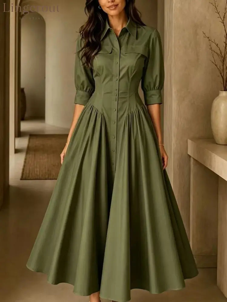 Structured Shirt Midi Dress - Army green / S