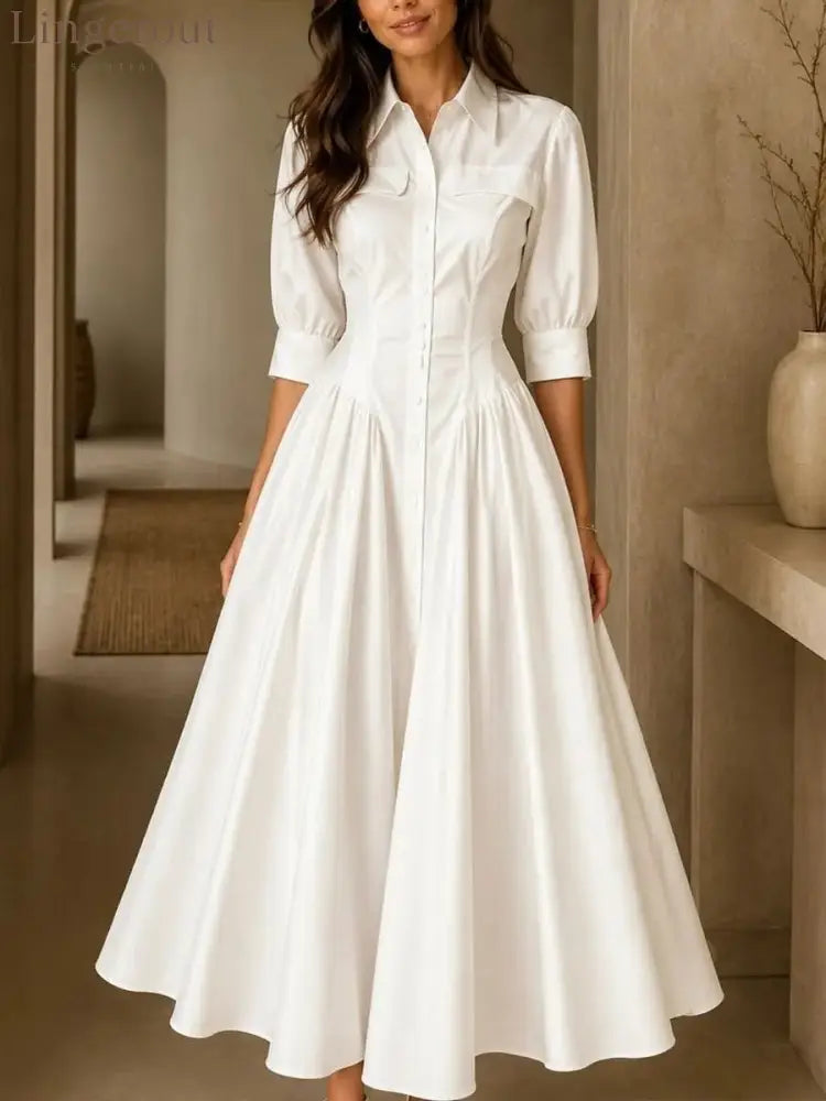 Structured Shirt Midi Dress - White / S
