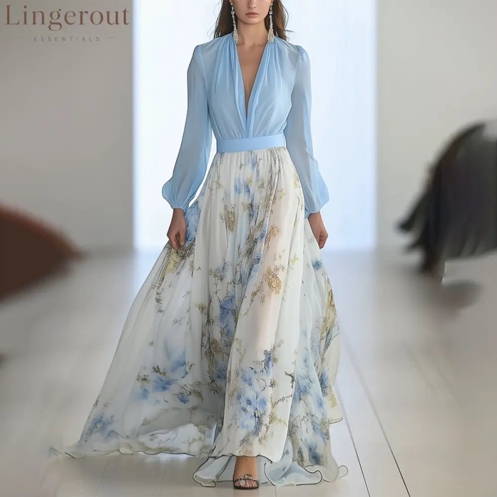 Stunning Floral Print V-Neck Maxi Dress - Blue / S