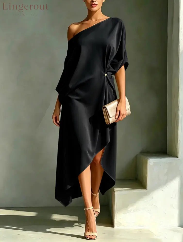 Stylish And Elegant Asymmetrical-hem Dress - Black / S