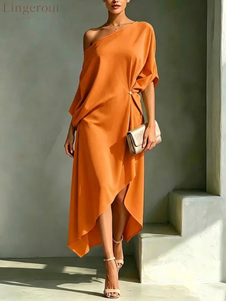 Stylish And Elegant Asymmetrical-hem Dress - Orange / S