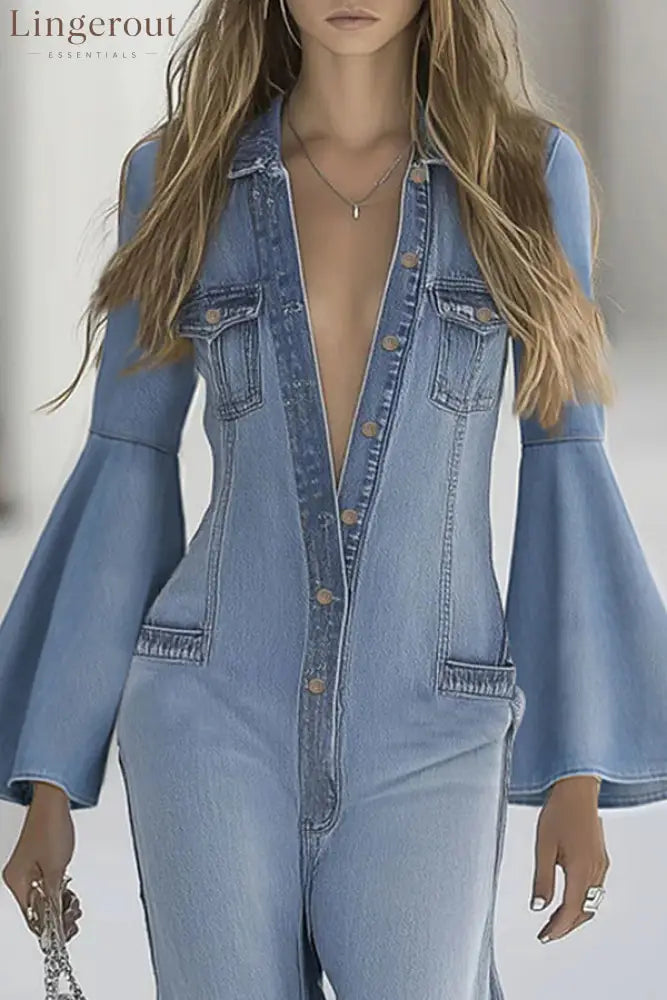 Stylish Bell Sleeves Single-breasted Casual Denim Jumpsuit