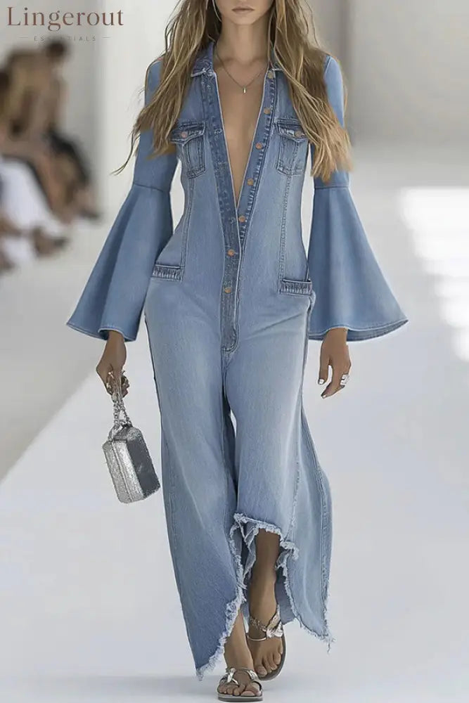 Stylish Bell Sleeves Single-breasted Casual Denim Jumpsuit - Blue / S