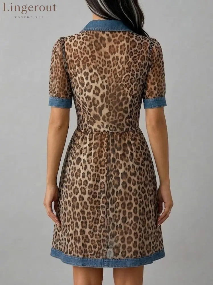 Stylish Casual Leopard-print Chiffon And Denim Patchwork Dress