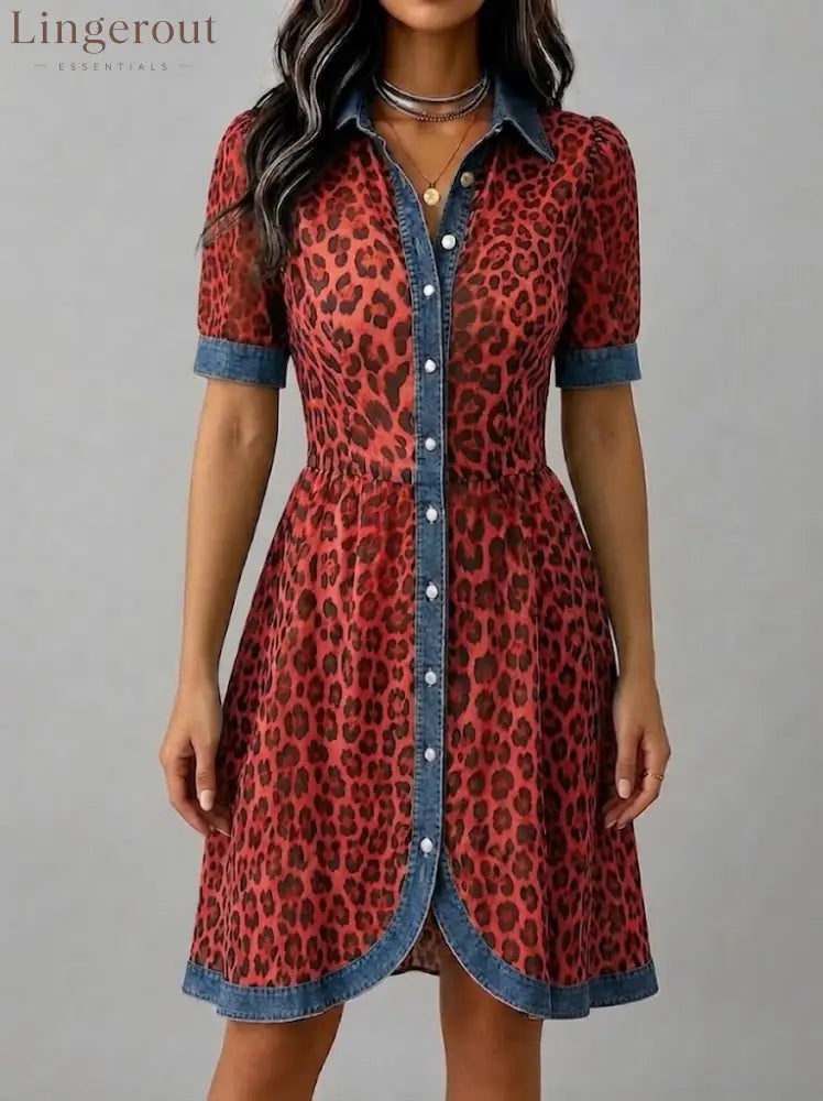 Stylish Casual Leopard-print Chiffon And Denim Patchwork Dress - Red / S
