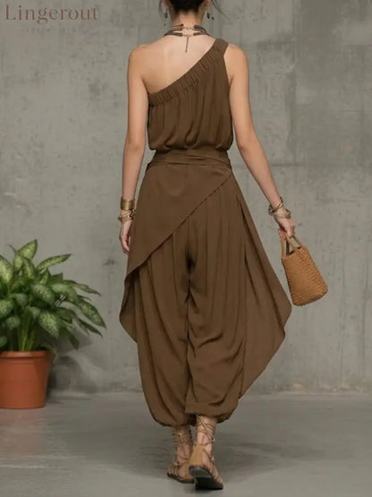 Stylish Casual Linen And Cotton One-shoulder Sleeveless Jumpsuit