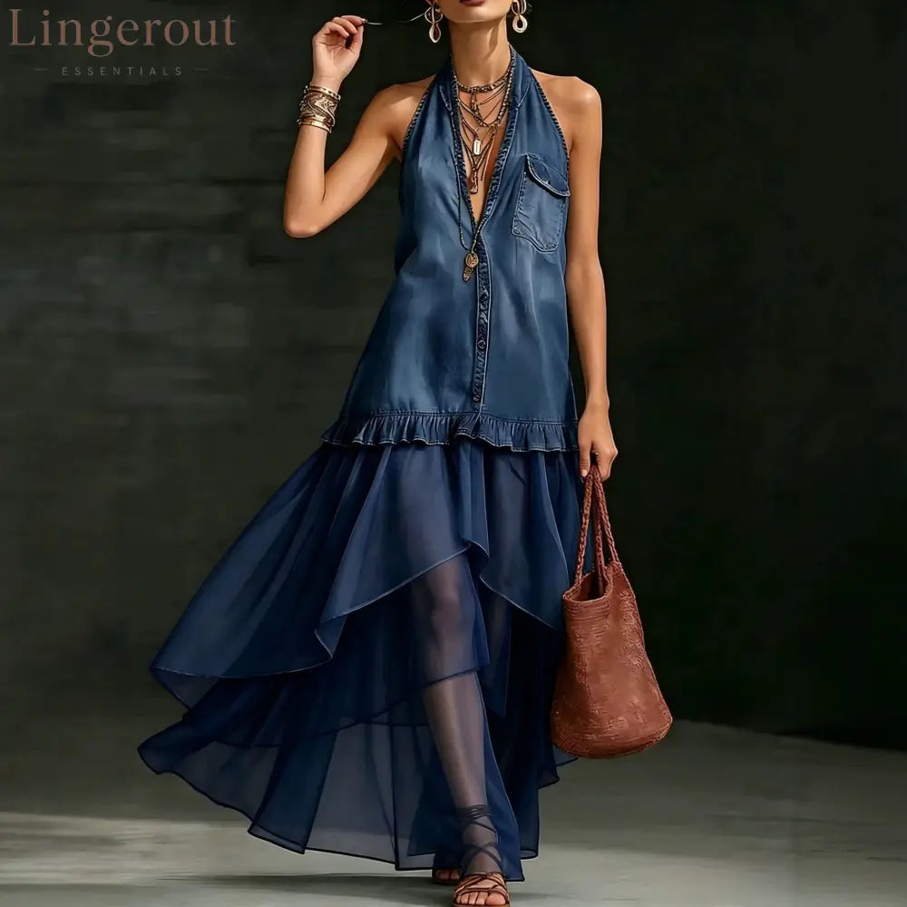Stylish Elegant Organza-Paneled Denim Maxi Dress - Dark blue / XS