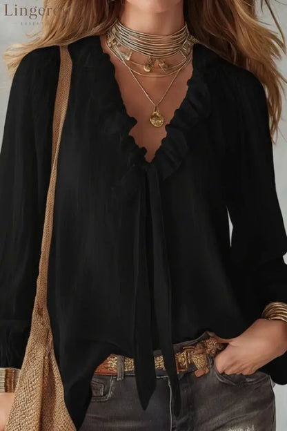 Stylish Long-sleeved V-neck Tie Loose Shirt Top - Black / S