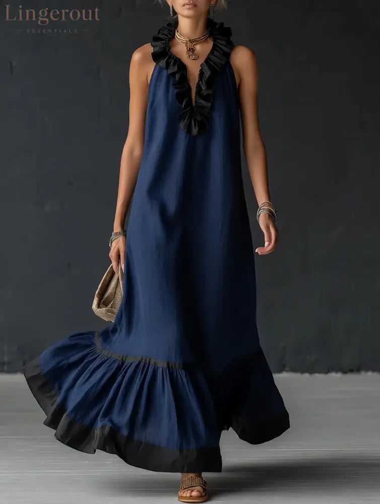 Stylish Simple Sleeveless Color-blocked Ruffled V-neck Cotton Linen Maxi Dress - Navy / S