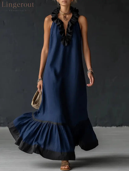 Stylish Simple Sleeveless Color-blocked Ruffled V-neck Cotton Linen Maxi Dress - Navy / S