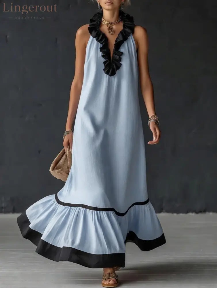 Stylish Simple Sleeveless Color-blocked Ruffled V-neck Cotton Linen Maxi Dress - Sky blue / S