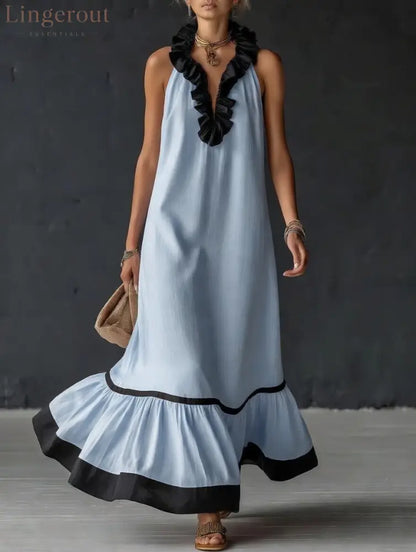 Stylish Simple Sleeveless Color-blocked Ruffled V-neck Cotton Linen Maxi Dress - Sky blue / S