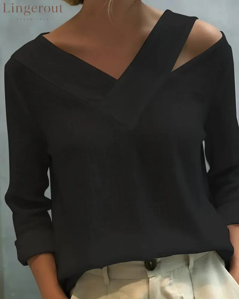 Stylish V-Neck Off-The-Shoulder Top - Black / S