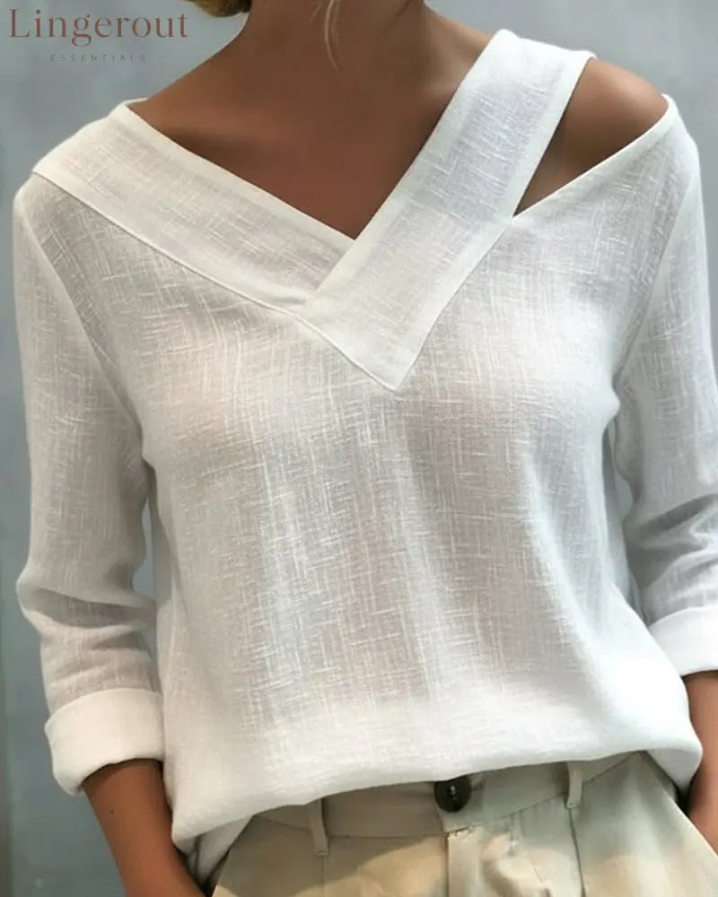 Stylish V-Neck Off-The-Shoulder Top - White / S
