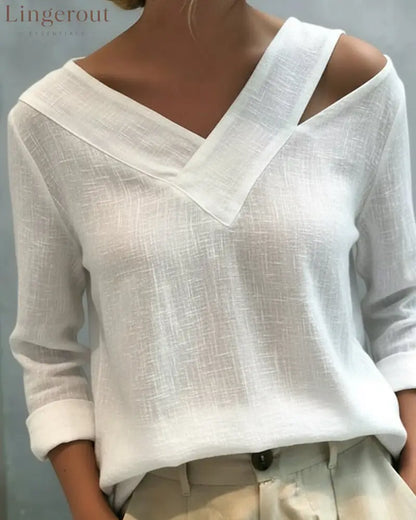 Stylish V-Neck Off-The-Shoulder Top - White / S