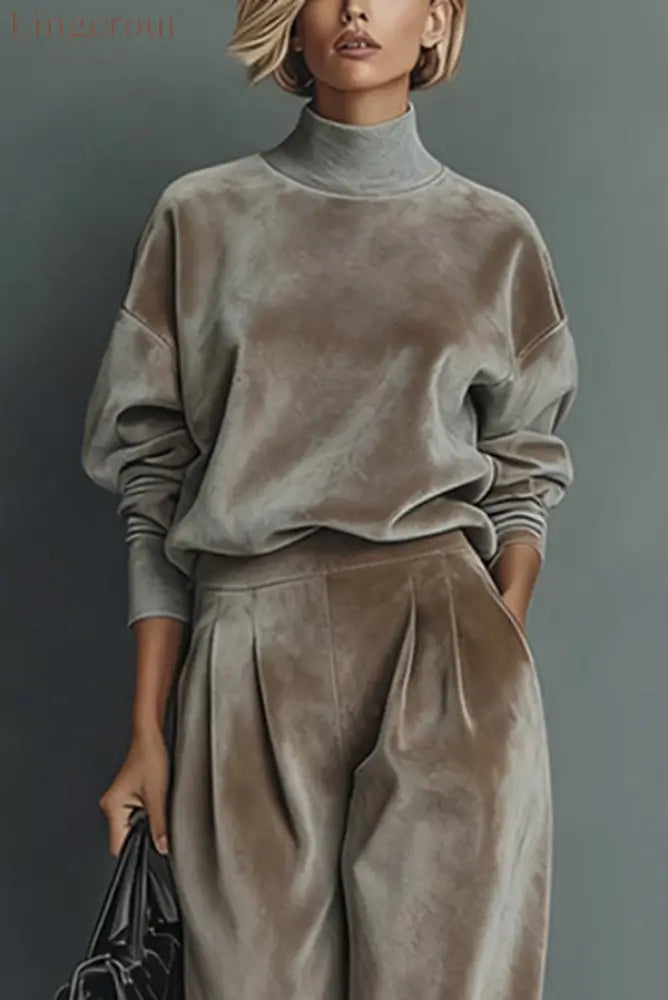Stylish Velvet Turtleneck Long-sleeved Top and Casual Pocket Wide-leg Pants Set