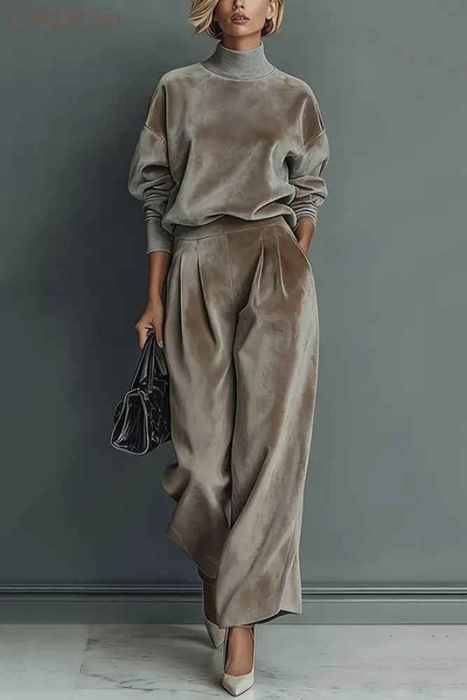 Stylish Velvet Turtleneck Long-sleeved Top and Casual Pocket Wide-leg Pants Set - Ash / XS