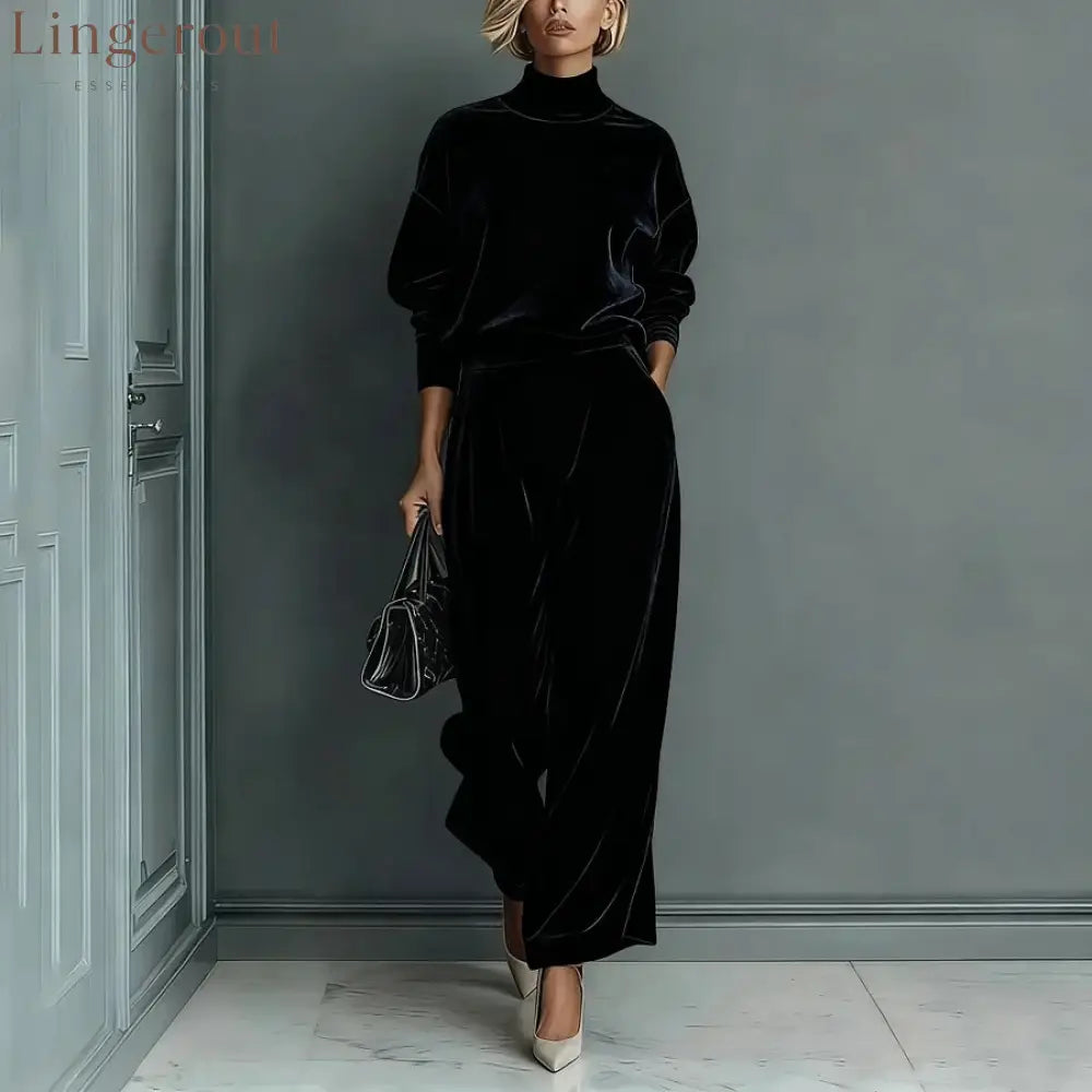 Stylish Velvet Turtleneck Long-sleeved Top and Casual Pocket Wide-leg Pants Set - Black / XS