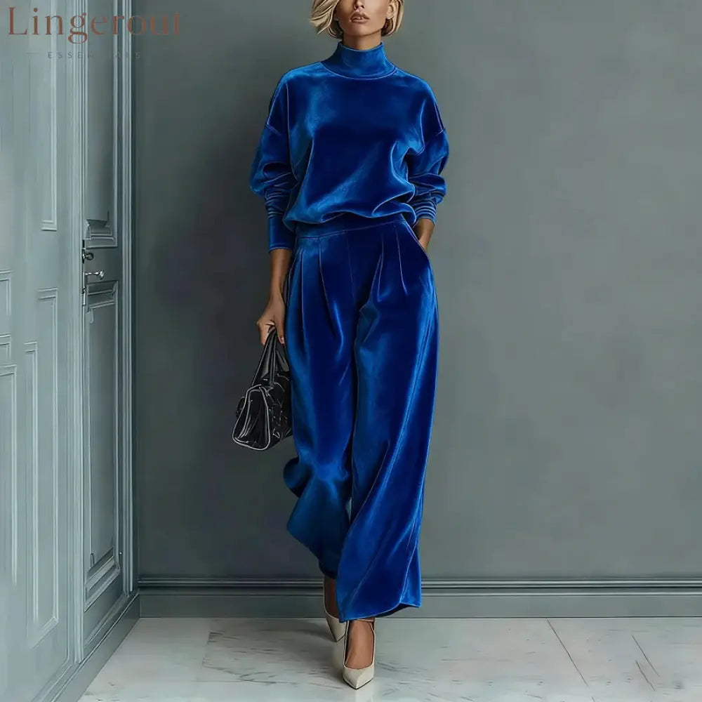 Stylish Velvet Turtleneck Long-sleeved Top and Casual Pocket Wide-leg Pants Set - Blue / XS