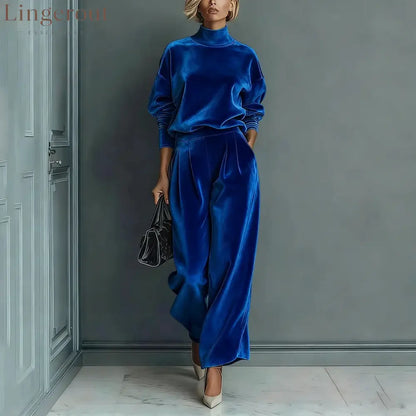 Stylish Velvet Turtleneck Long-sleeved Top and Casual Pocket Wide-leg Pants Set - Blue / XS