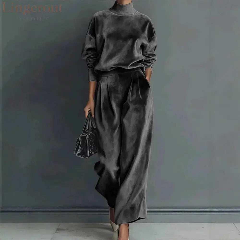 Stylish Velvet Turtleneck Long-sleeved Top and Casual Pocket Wide-leg Pants Set - Drak Gray / XS