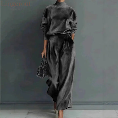 Stylish Velvet Turtleneck Long-sleeved Top and Casual Pocket Wide-leg Pants Set - Drak Gray / XS