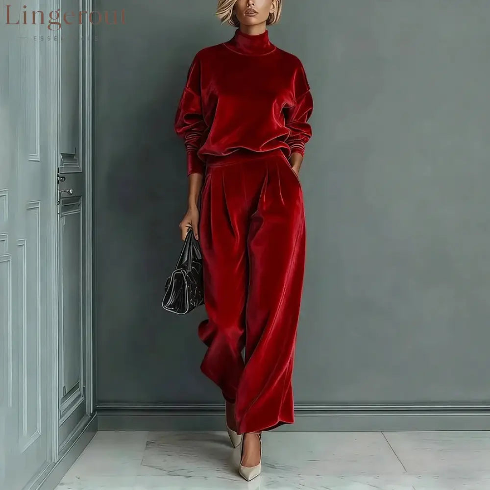 Stylish Velvet Turtleneck Long-sleeved Top and Casual Pocket Wide-leg Pants Set - Red / XS