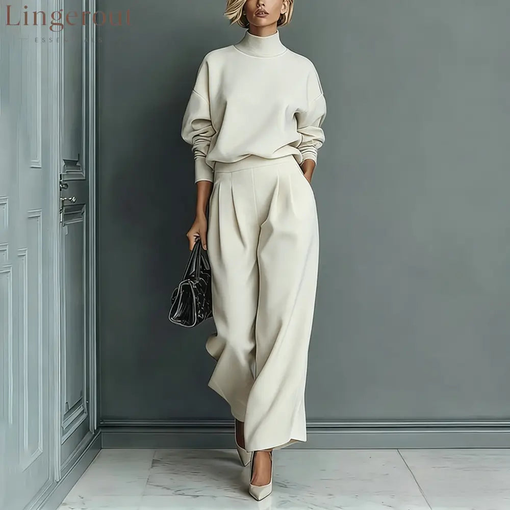 Stylish Velvet Turtleneck Long-sleeved Top and Casual Pocket Wide-leg Pants Set - White / XS