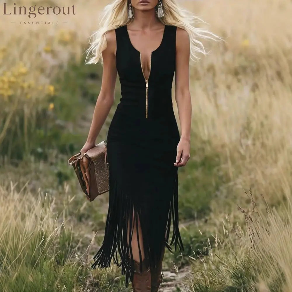 Suede Fringe Midi Dress Western Chic Meets Modern Edge - Black / S
