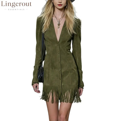 Spot 2026 Autumn New American Western Suede Tassel Skirt Deep V Waist European And American Lotus Sleeve Dress