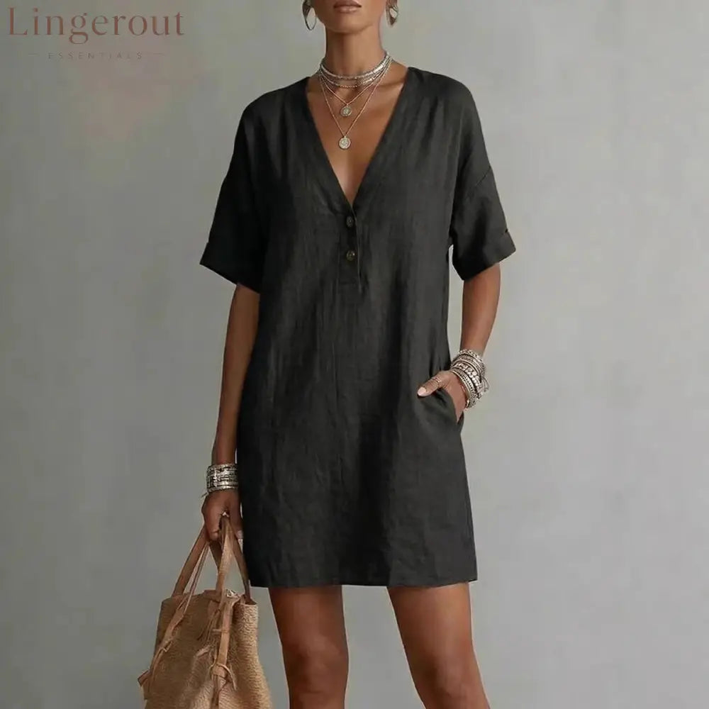 Summer V-Neck Loose Casual Independent New Fashion Dress - Black / S