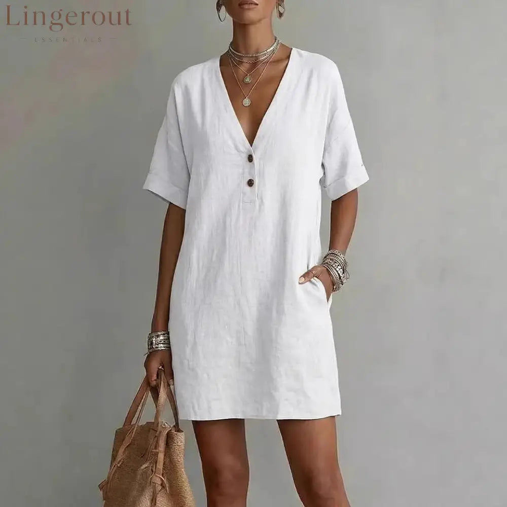 Summer V-Neck Loose Casual Independent New Fashion Dress - White / S