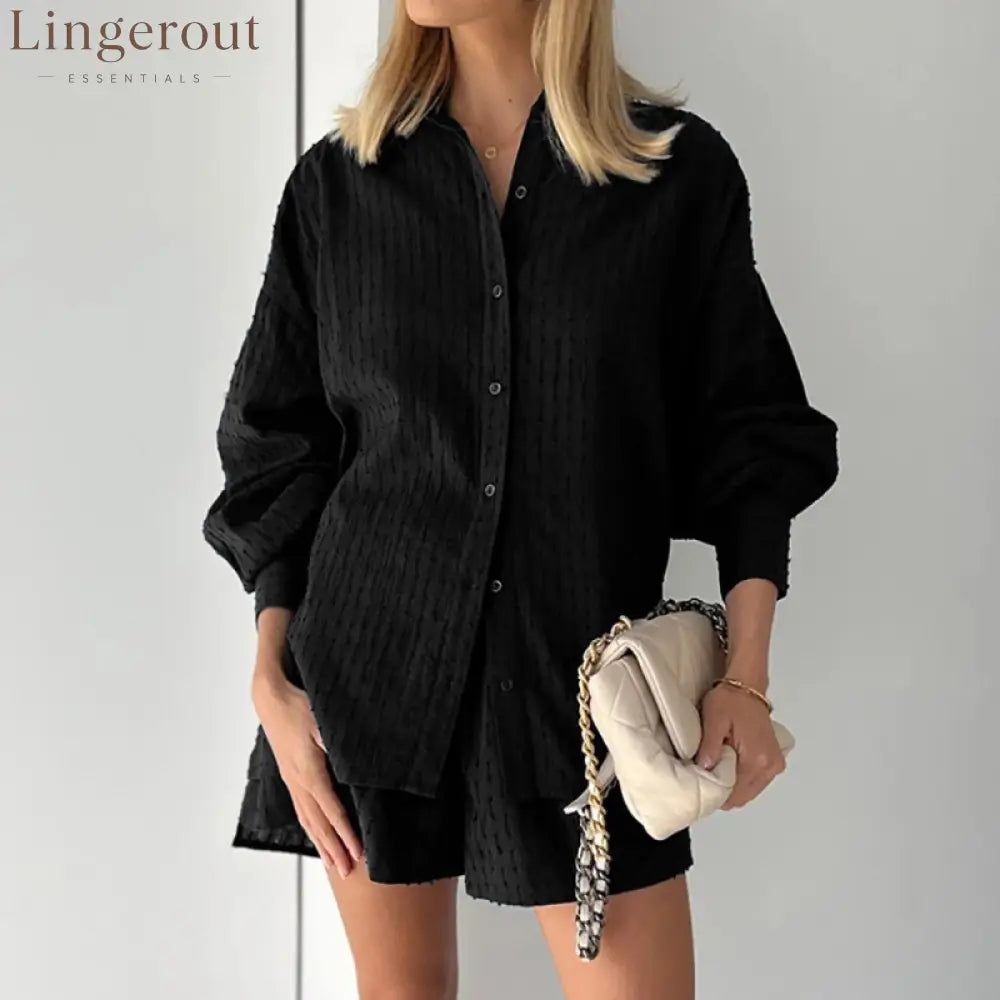 Summer Women Shorts Sets Shirt Shorts Suit 2 Piece Set Sleeve Outfits Homewear - BLACK / S