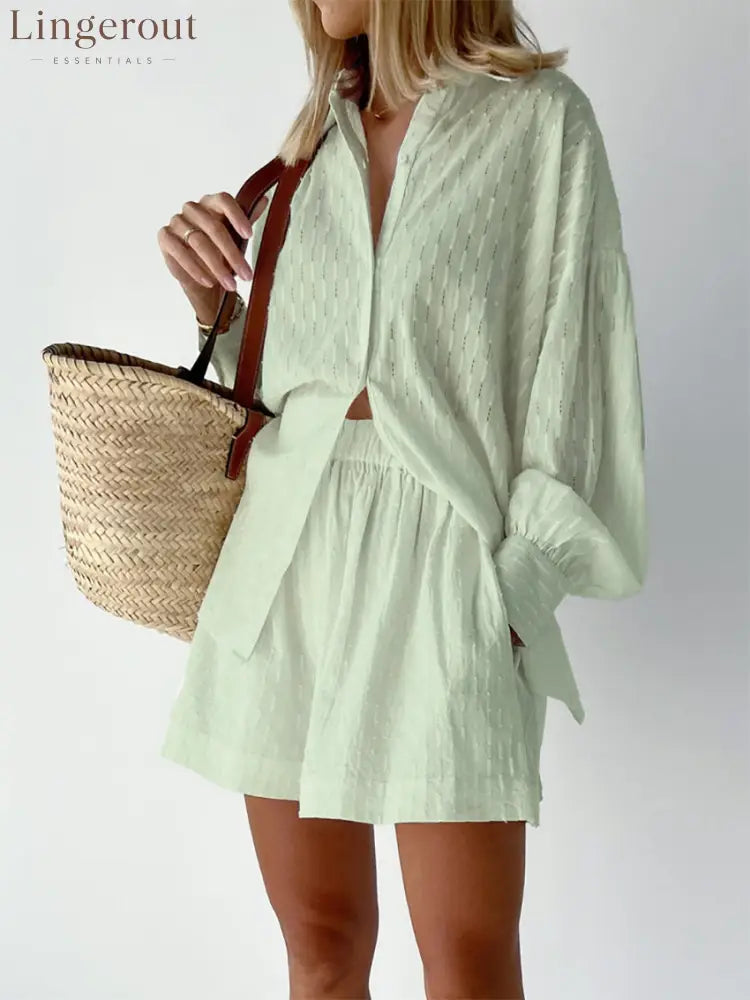 Summer Women Shorts Sets Shirt Shorts Suit 2 Piece Set Sleeve Outfits Homewear - GREEN / S