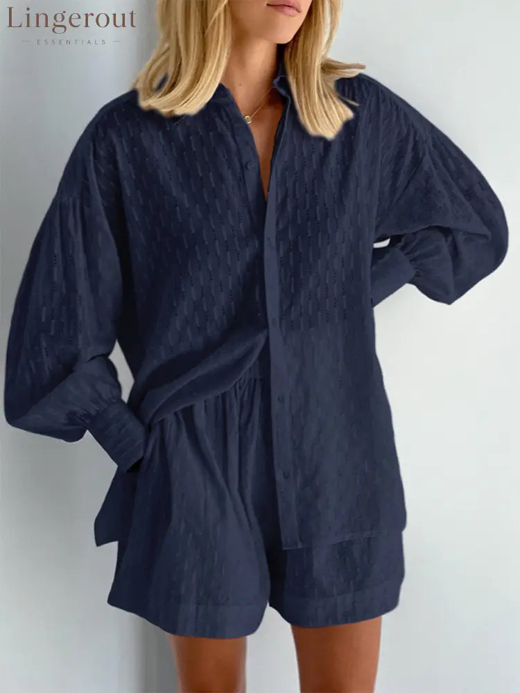Summer Women Shorts Sets Shirt Shorts Suit 2 Piece Set Sleeve Outfits Homewear - NAVY / S