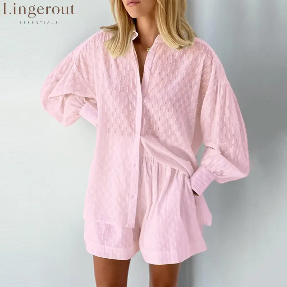 Summer Women Shorts Sets Shirt Shorts Suit 2 Piece Set Sleeve Outfits Homewear - PINK / S