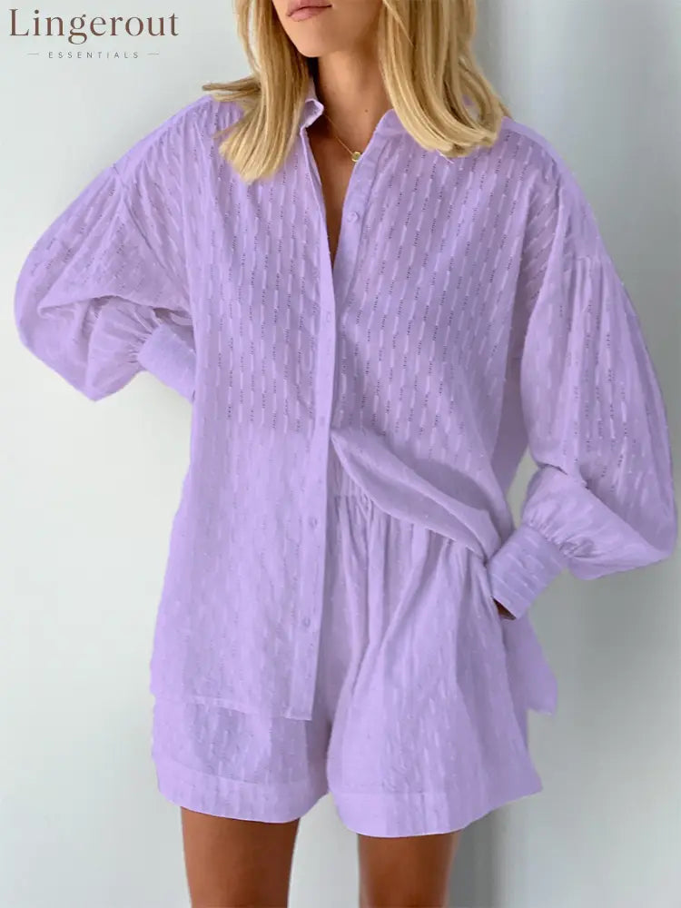 Summer Women Shorts Sets Shirt Shorts Suit 2 Piece Set Sleeve Outfits Homewear - PURPLE / S