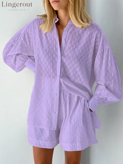 Summer Women Shorts Sets Shirt Shorts Suit 2 Piece Set Sleeve Outfits Homewear - PURPLE / S