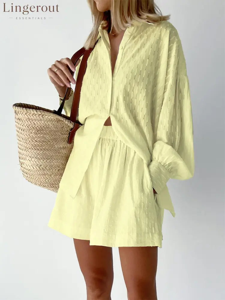 Summer Women Shorts Sets Shirt Shorts Suit 2 Piece Set Sleeve Outfits Homewear - YELLOW / S