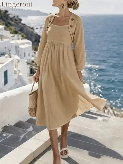 Sunny Coastal Linen-Blend Button-Detail Midi Dress