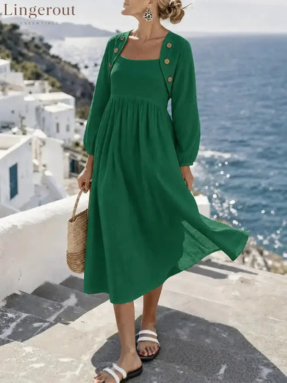 Sunny Coastal Linen-Blend Button-Detail Midi Dress
