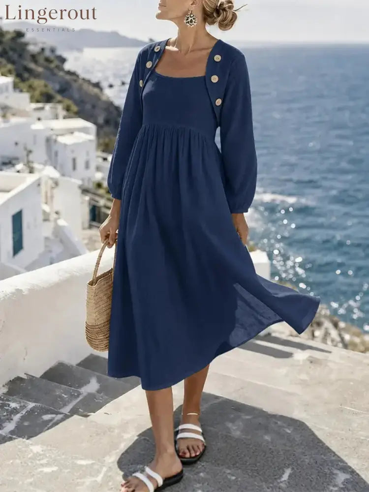 Sunny Coastal Linen-Blend Button-Detail Midi Dress