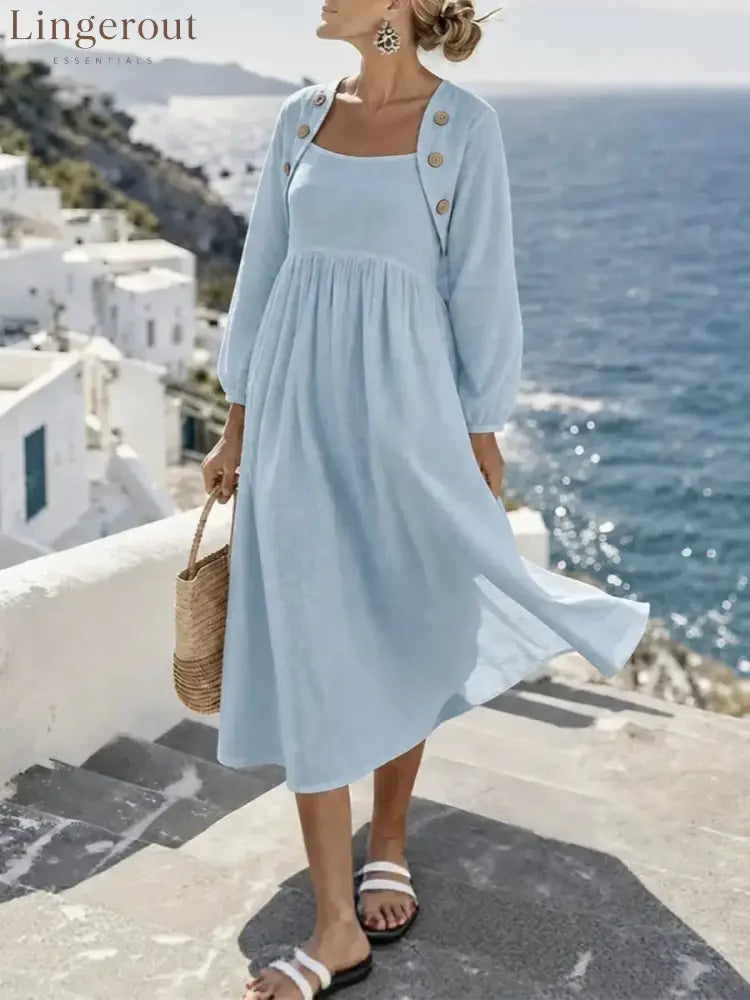 Sunny Coastal Linen-Blend Button-Detail Midi Dress