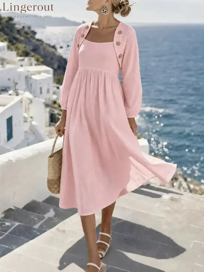 Sunny Coastal Linen-Blend Button-Detail Midi Dress