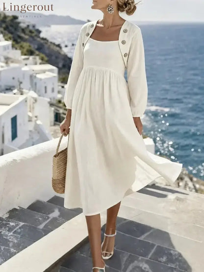 Sunny Coastal Linen-Blend Button-Detail Midi Dress - White / S
